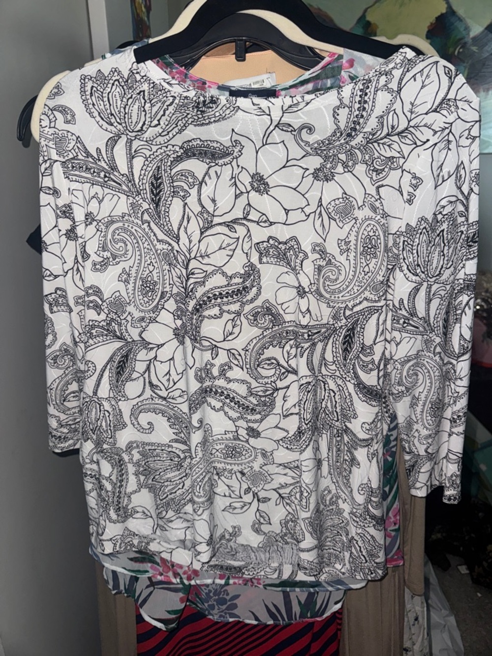 JM Collection White and Black Paisley Floral Long Sleeve Top
